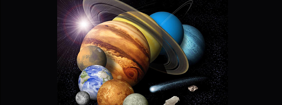 Artwork that shows the planets in an imaginative cluster.