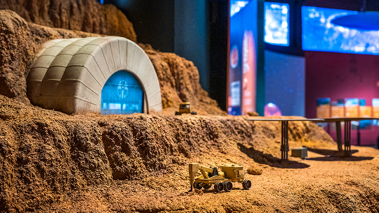 A model of a Martian settlement in the Mars exhibit.