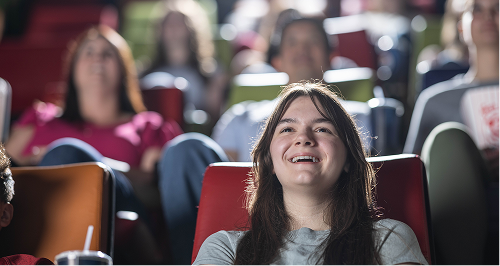 People seated in a movie theater, with a smiling young woman in the foreground.