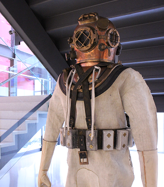 A vintage diver suit on display at the Kamin Science Center.