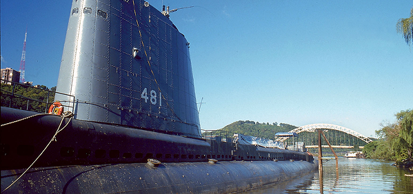 USS Requin submarine on the river.