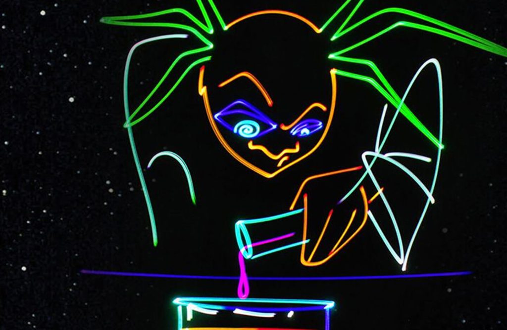 Laser show of a mad scientist with beakers