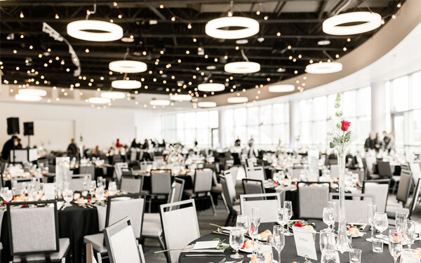 decorated tables and chairs in PointView Hall