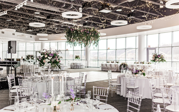 decorated tables and chairs in PointView Hall