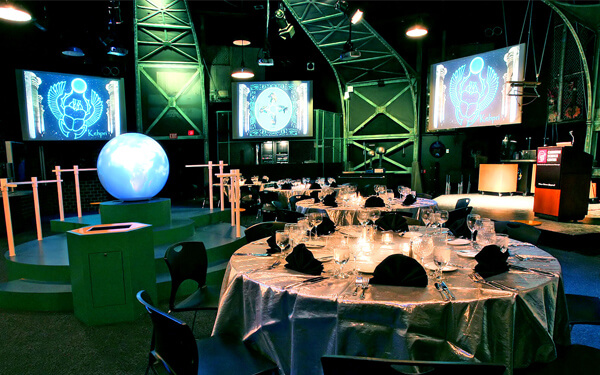 decorated tables and chairs in the Works Theater